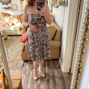 Strapless madras plaid lined dress with shelf bra